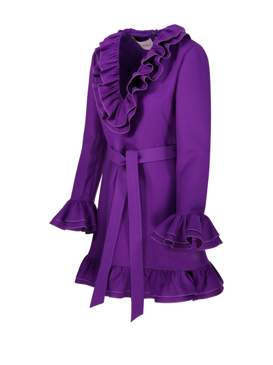 Valentino Garavani Purple Short Dress With V-neck And Ruffles In Virgin Wool And Silk Blend Woman In Purple