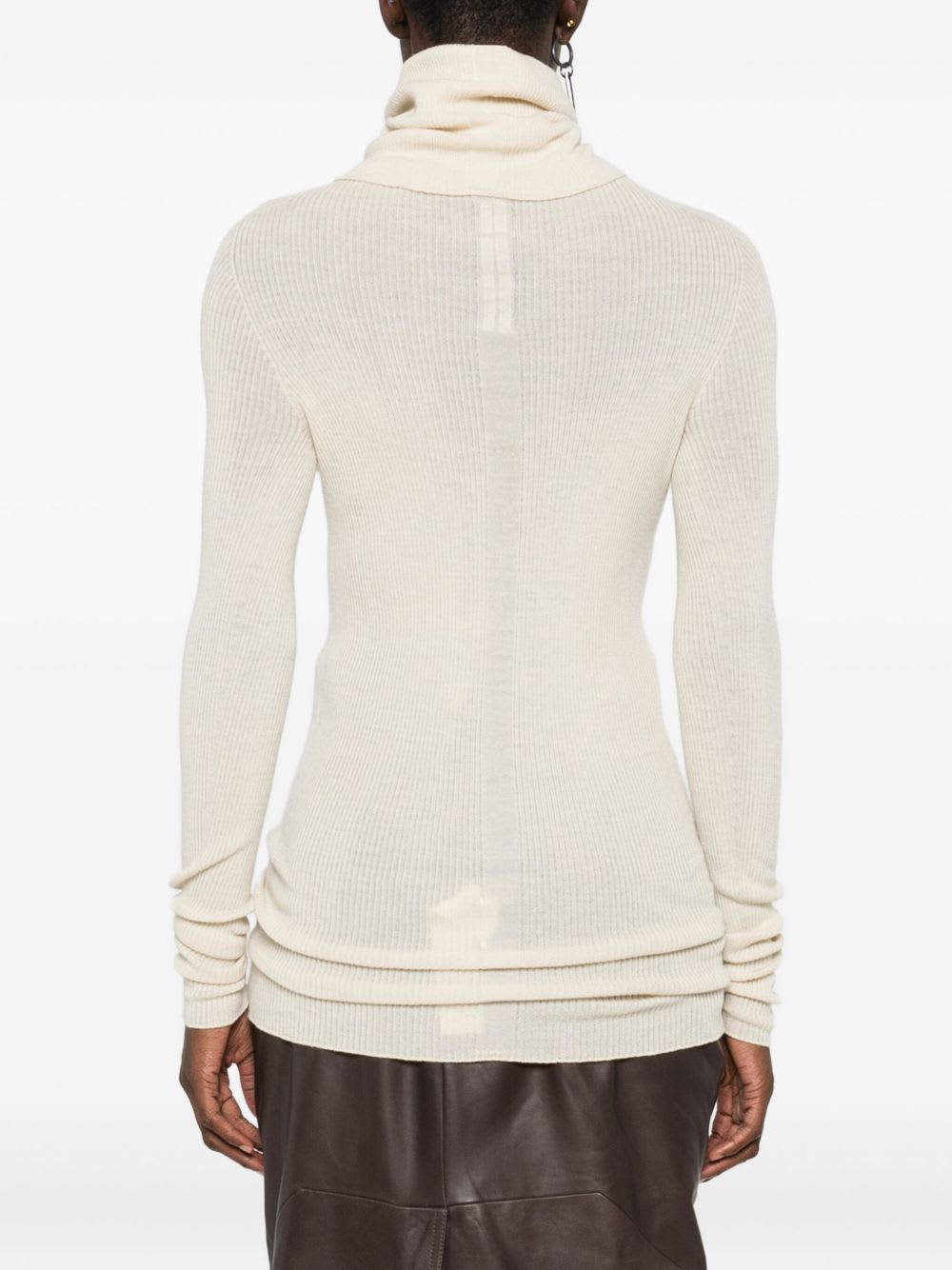 Rick Owens Ribbed Wool Turtleneck Sweater With Seam Detail In Neutral