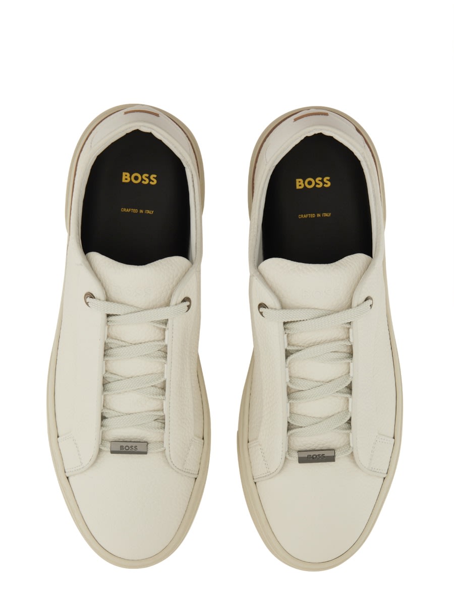 Hugo Boss Gary Tenn Mens Leather Low-top Trainers With Branded Lace Loop Nos In White