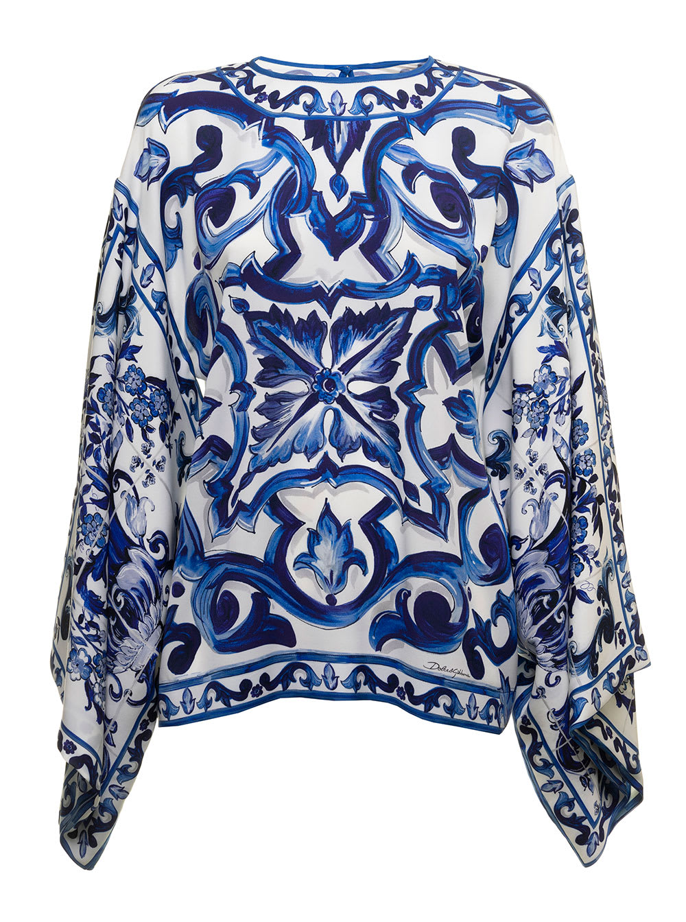 Shop Dolce & Gabbana Womans Maiolica Printed Silk Shirt Blouse In Tn Blu/bco