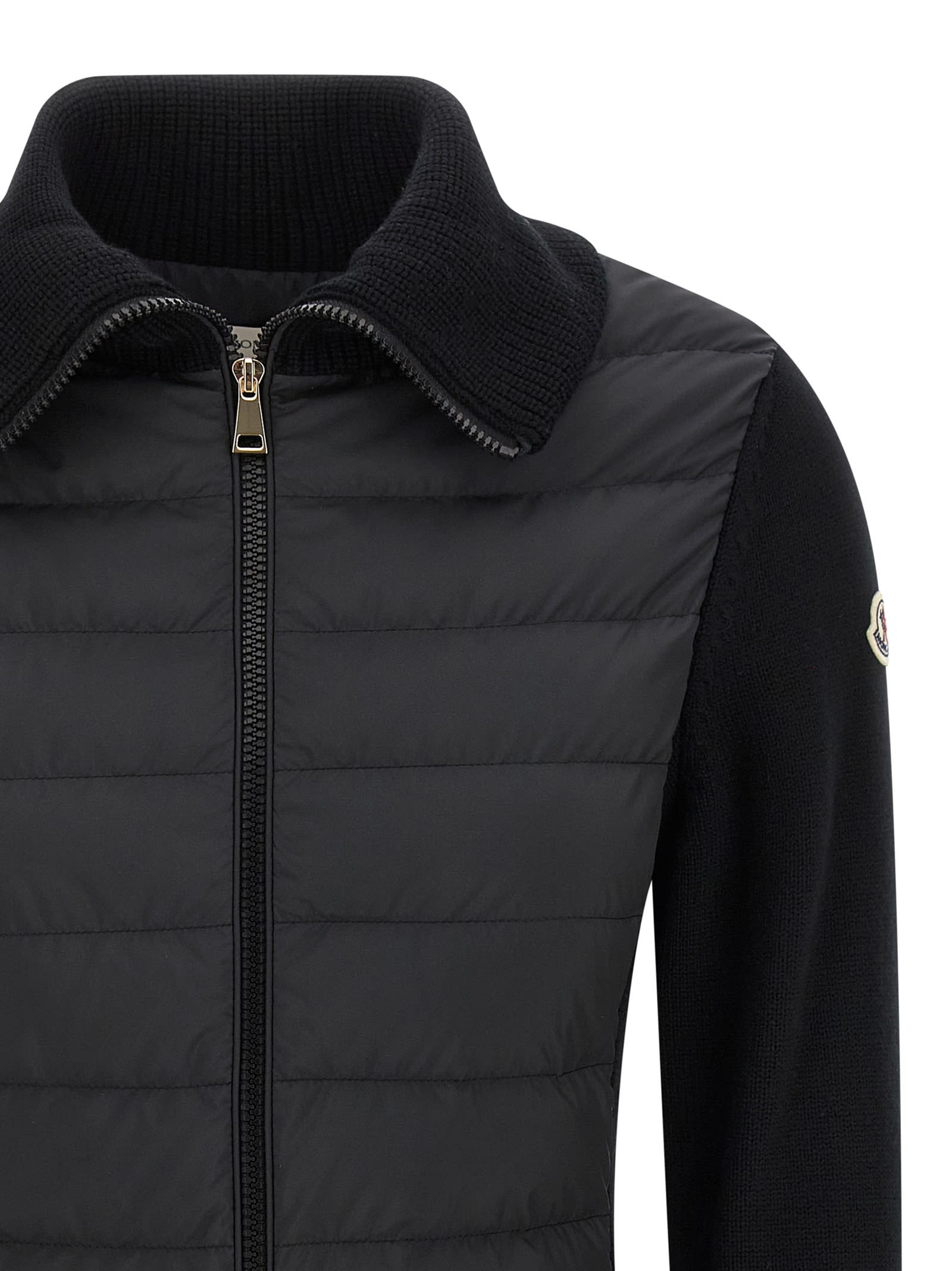 Moncler Two-material Cardigan With Goose Down Padding And High Neck In Multi
