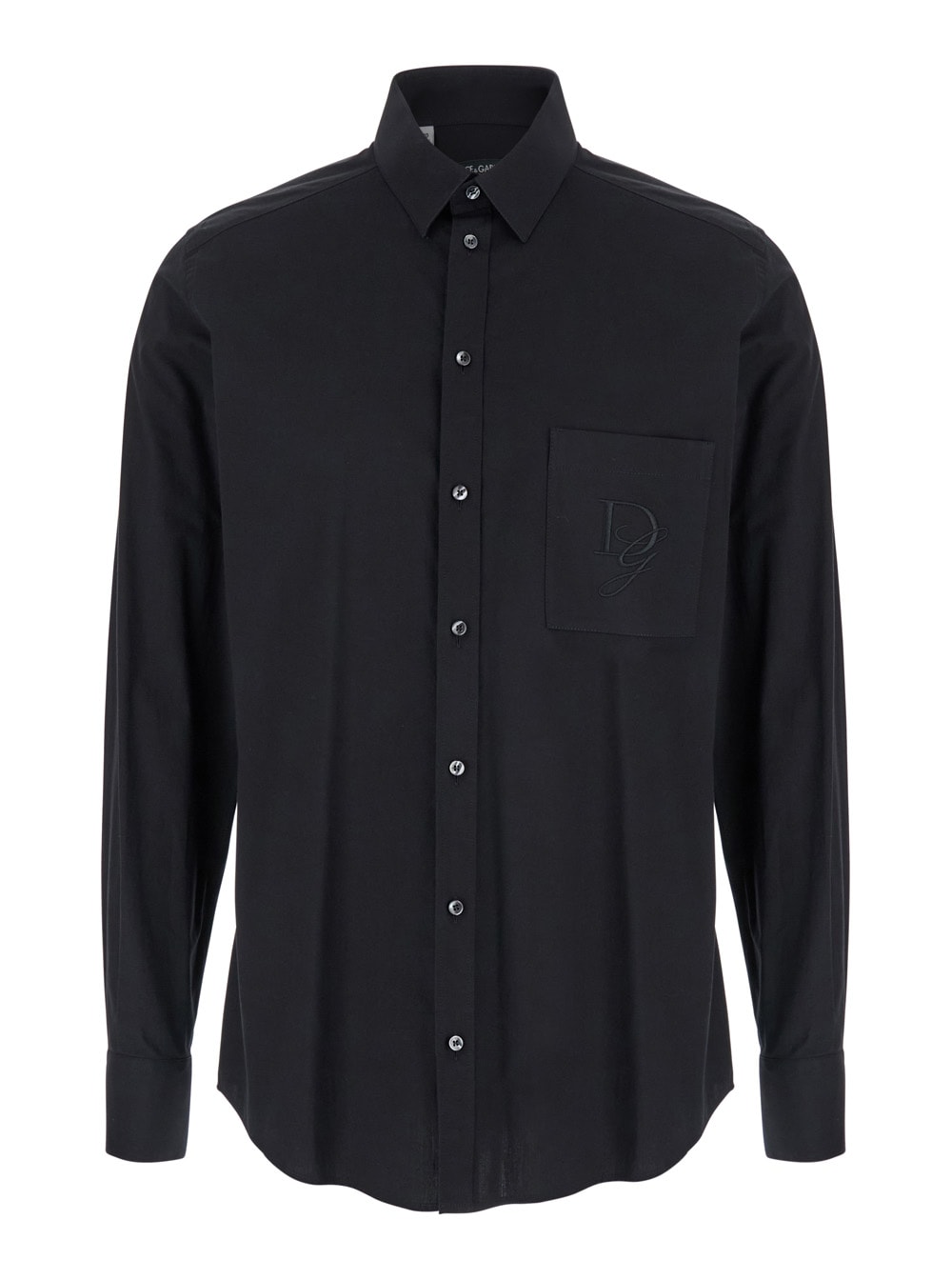 Shop Dolce & Gabbana Black Shirt With Pointed Collar And Logo Detail In Cotton Stretch Man