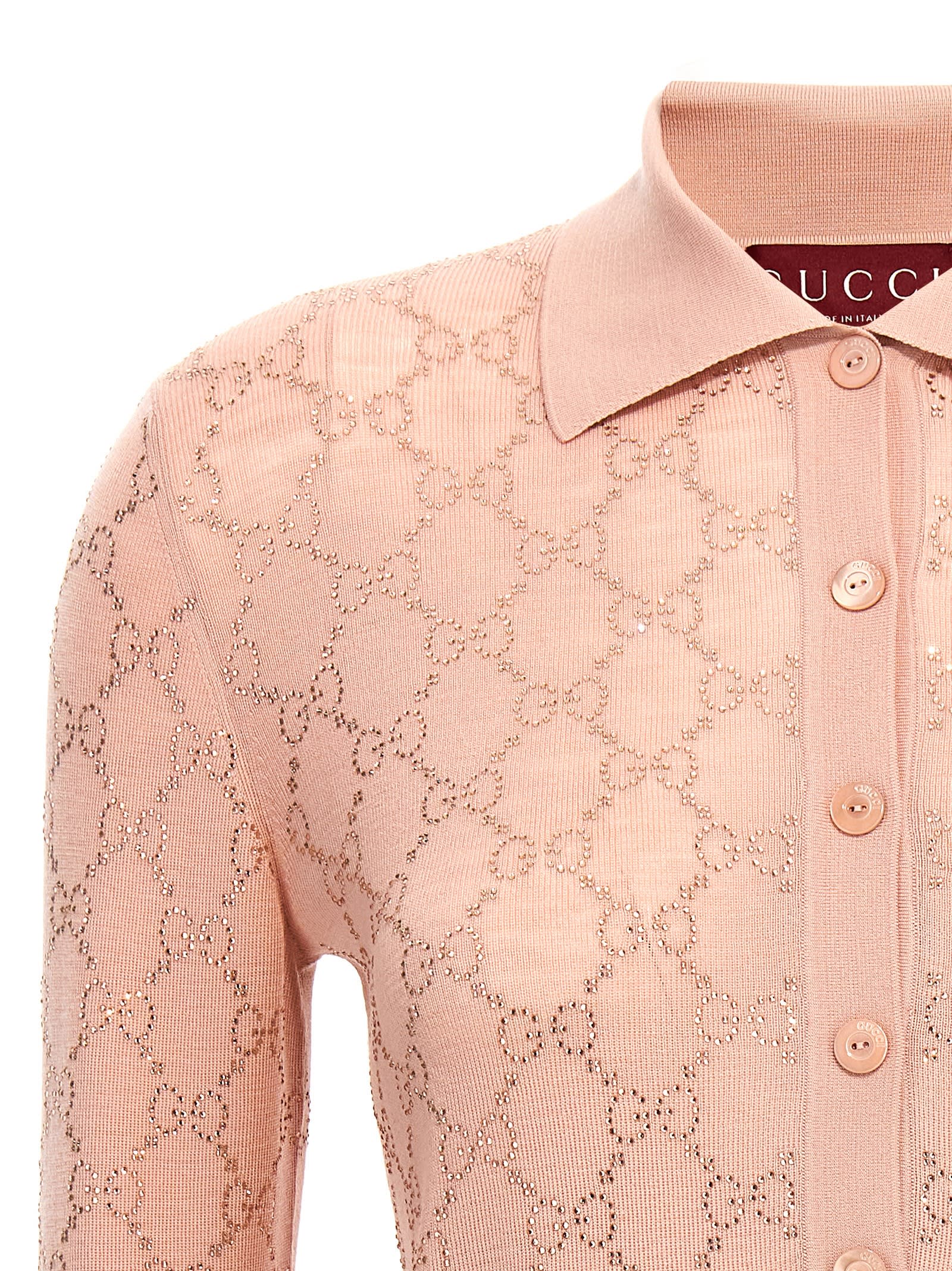 Shop Gucci Rhinestone Logo Polo Shirt In Pink