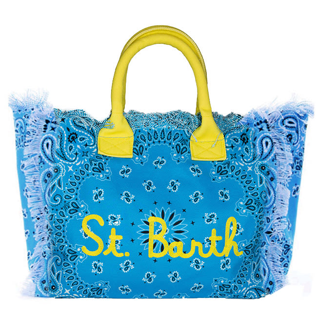 Mc2 Saint Barth Light Blue Bandana Fabric Canvas Bag With Embroidery