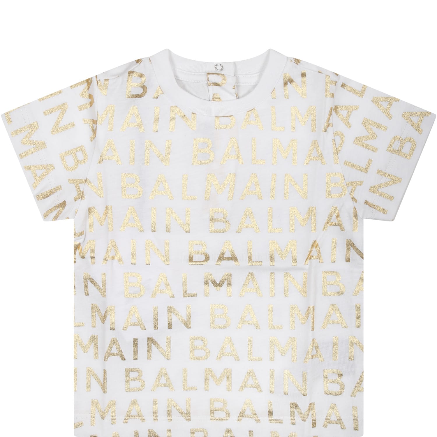 Balmain White T-shirt For Babies With All-over Gold Logo