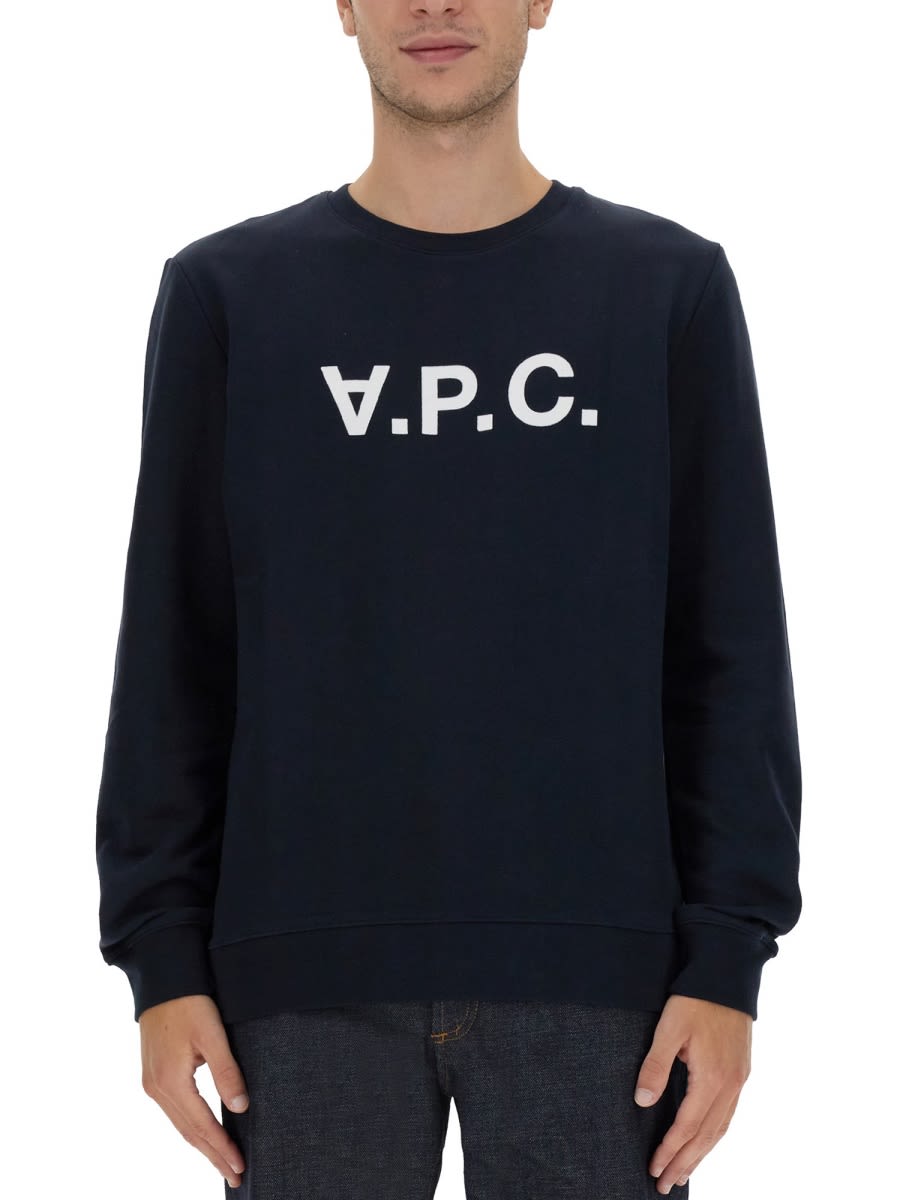 Shop Apc Flocked Logo Print Crewneck Sweatshirt In Blue