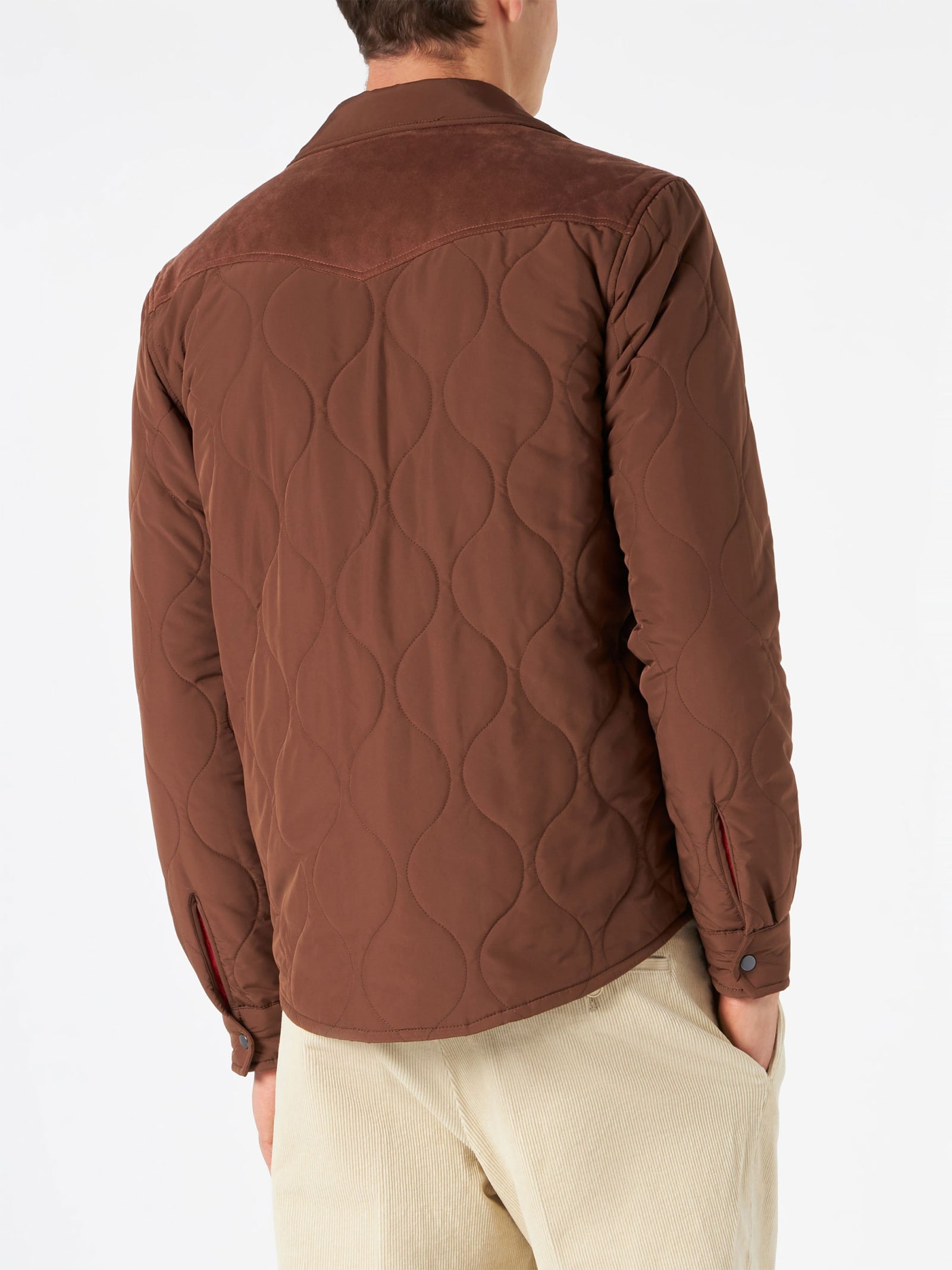 Mc2 Saint Barth Man Brown Padded Overshirt With Patch Pockets
