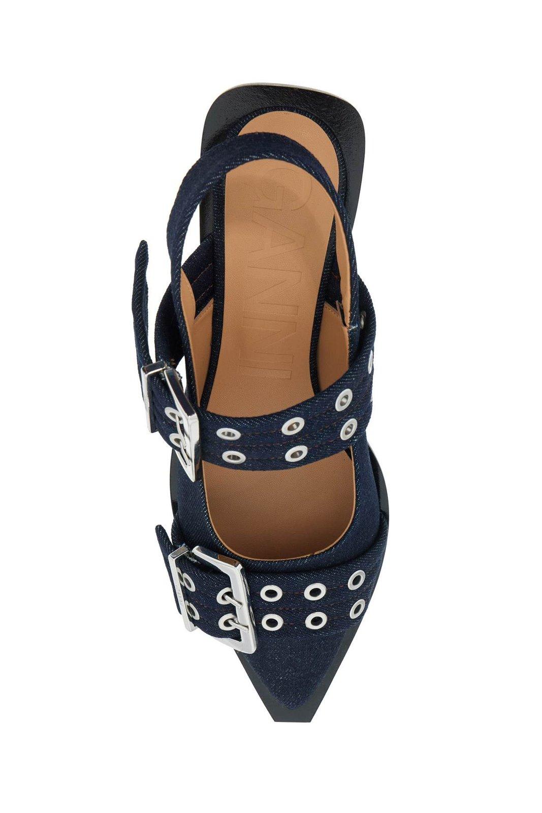 Shop Ganni Double-buckled Denim Ballerina Shoes In Dark Navy