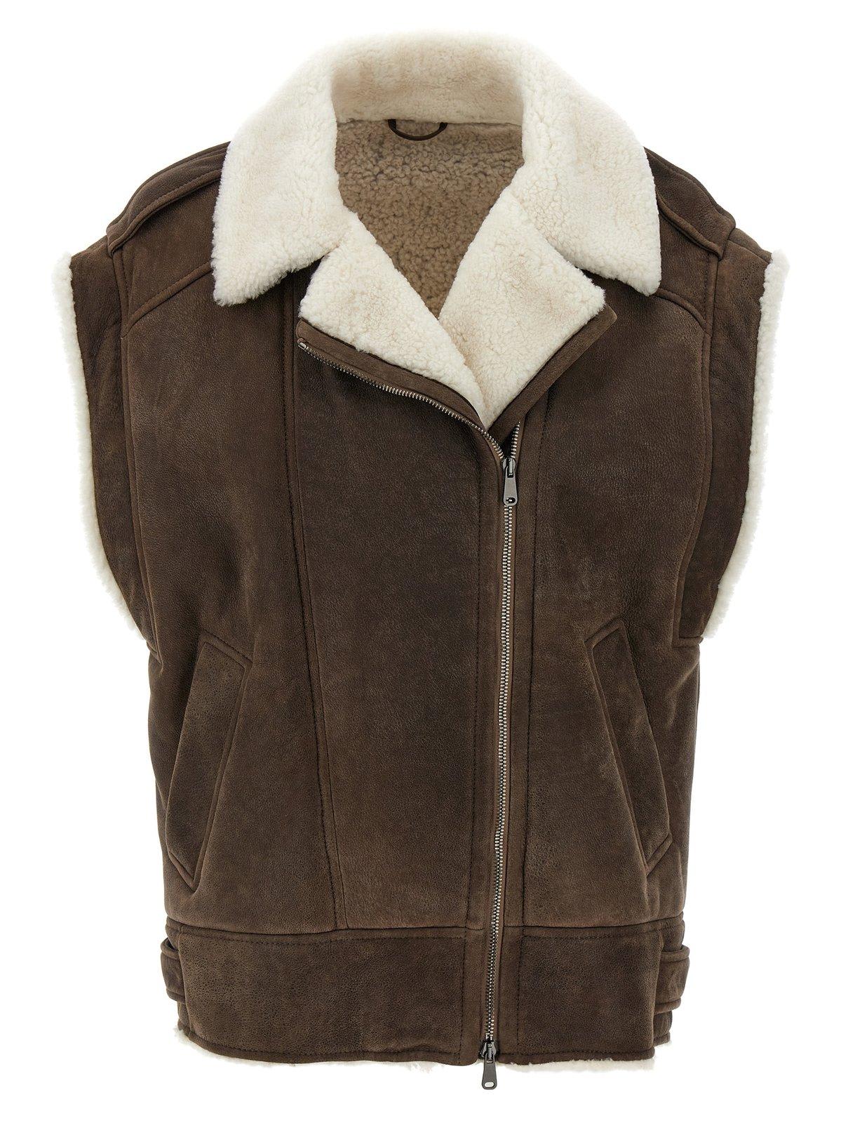 Shop Brunello Cucinelli Zip-up Shearling Vest In Brown