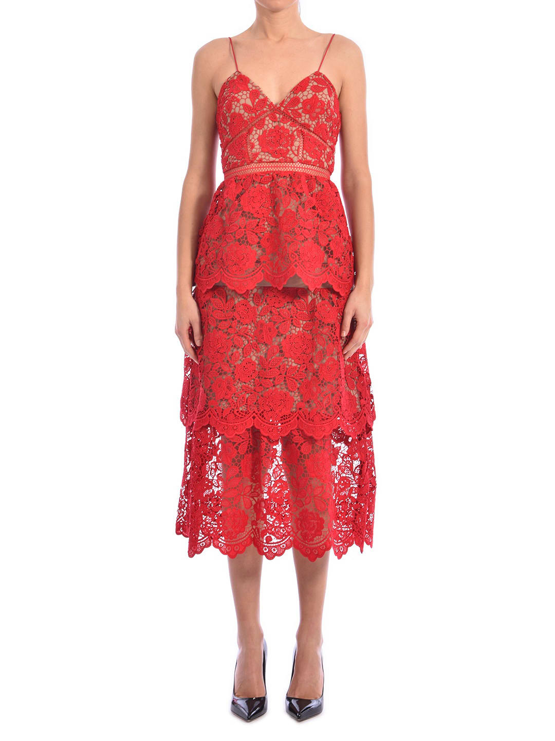 Self-portrait Tiered Floral Guipure-lace Dress In Red