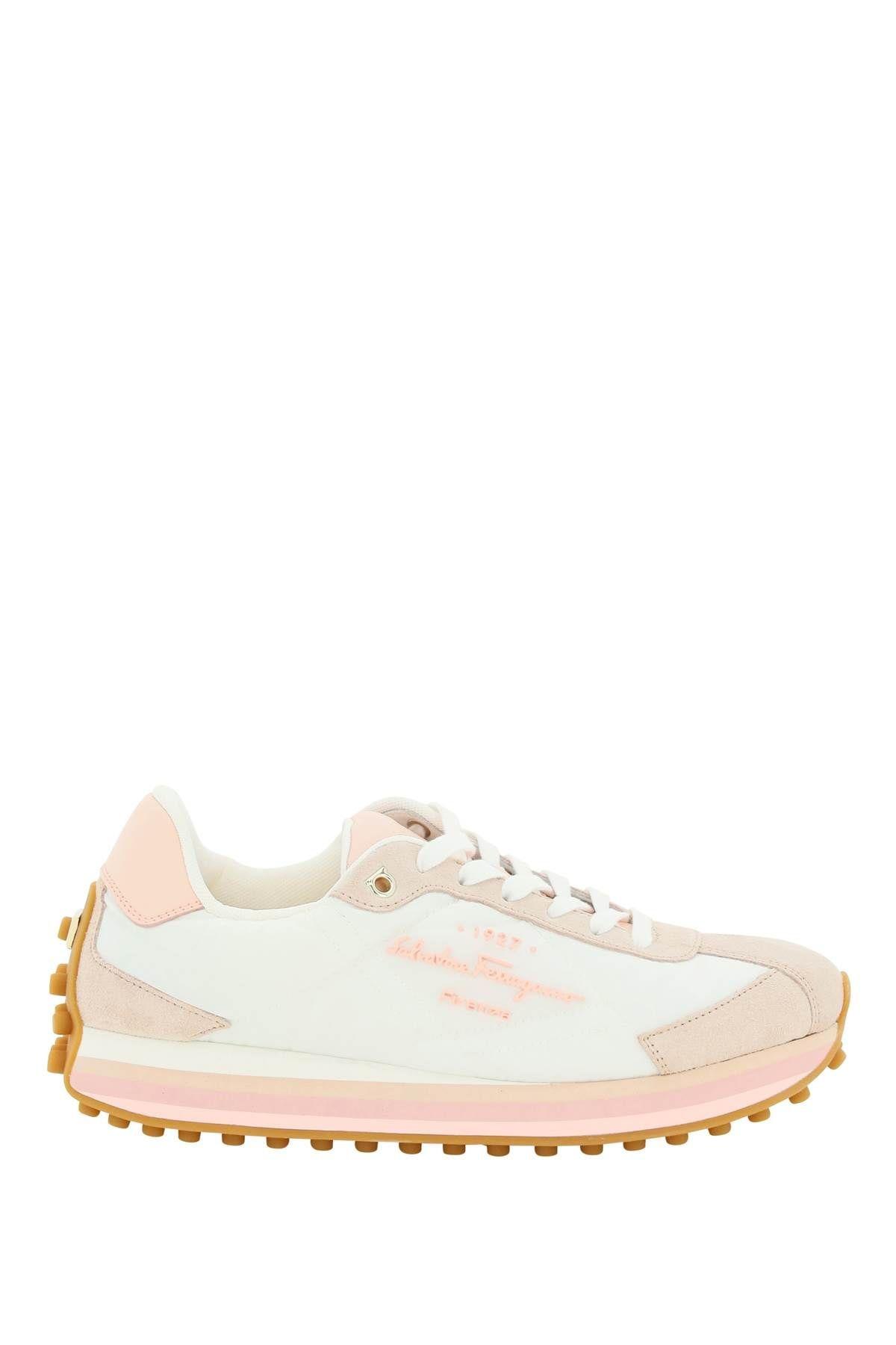 Ferragamo Iggy Colorblock-heel Retro Sneakers In White/pink