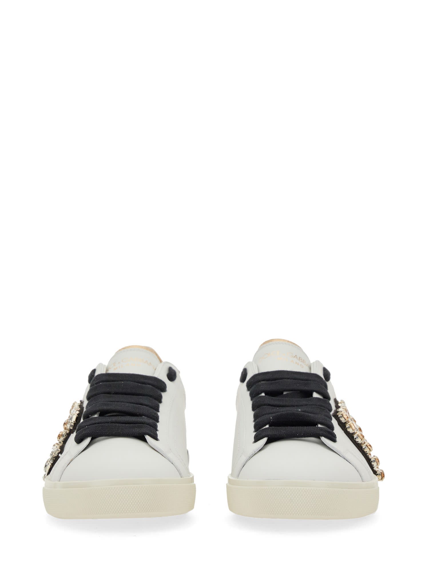 Dolce & Gabbana Portofino Vintage Leather Sneakers With Rhinestone Dg In White / Gold