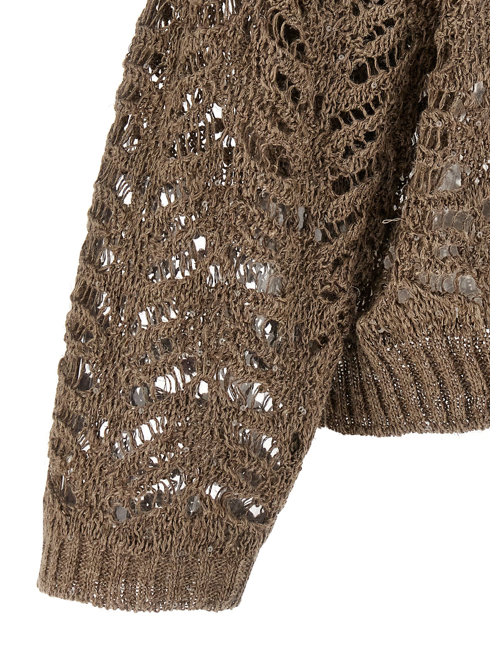 Brunello Cucinelli Dazzling Brown Round Neck Sweater With Open Stitch And Beaded Decorations In Linen Blend Woman In Brown