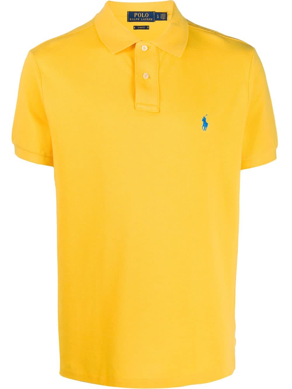 Ralph Lauren Man Yellow And Blue Slim-fit Pique Polo Shirt