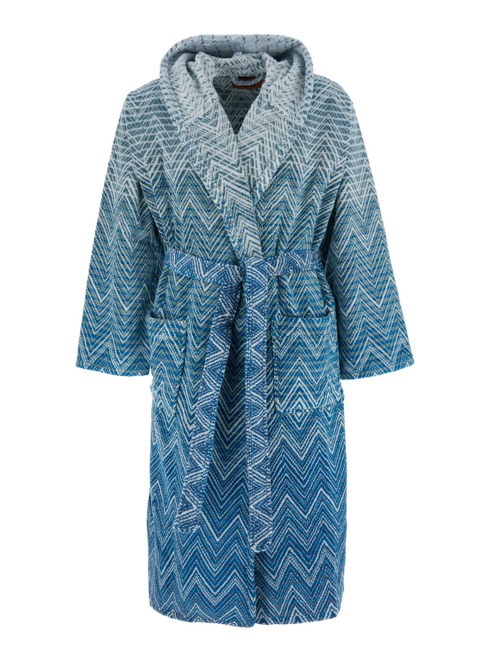 stone Blue Bathrobe With Hood And All-over Zigzag Motif In Cotton Home