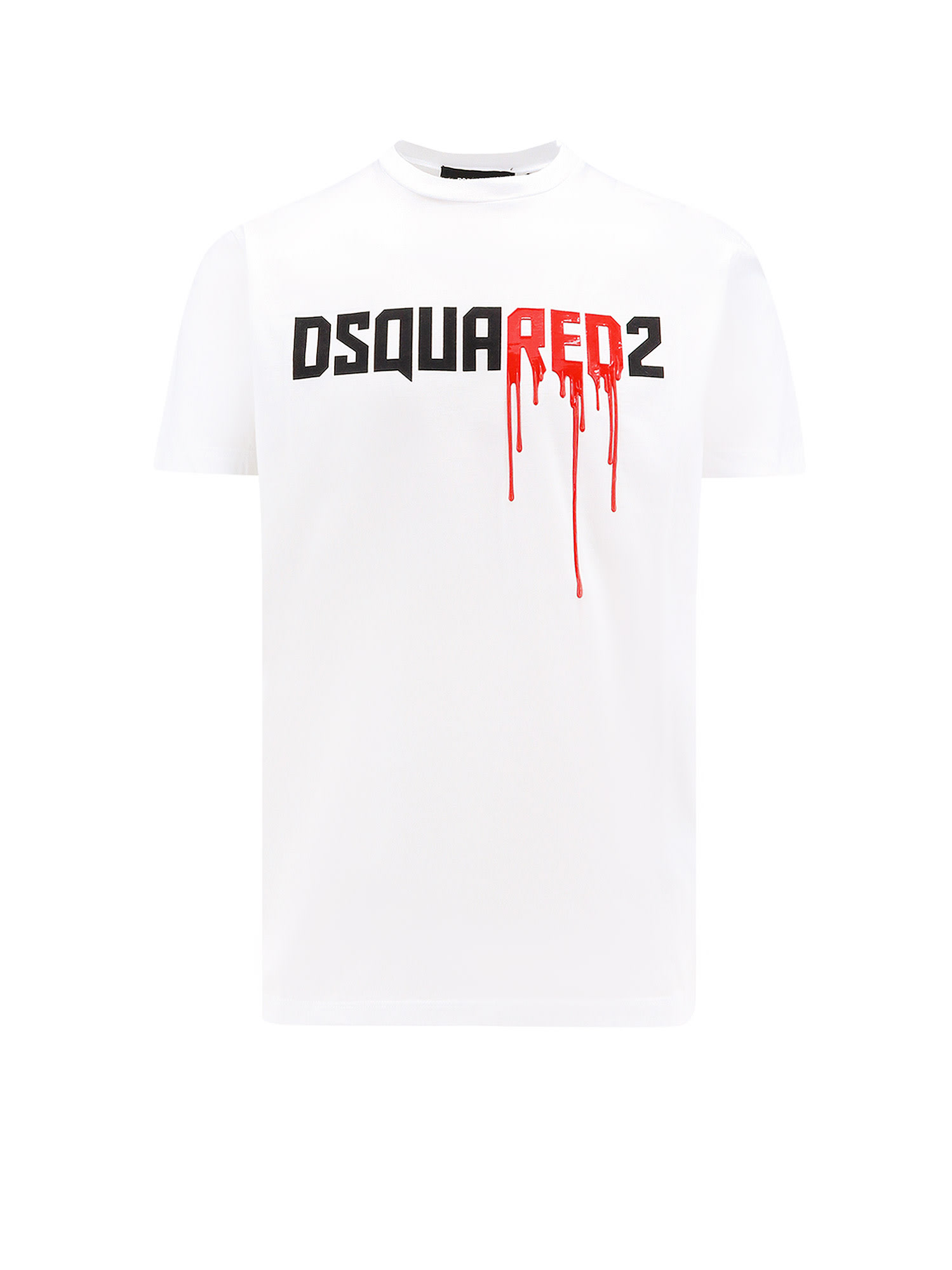 DSQUARED2 WHITE CREWNECK T-SHIRT WITH DRIPPING LOGO PRINT IN COTTON MAN