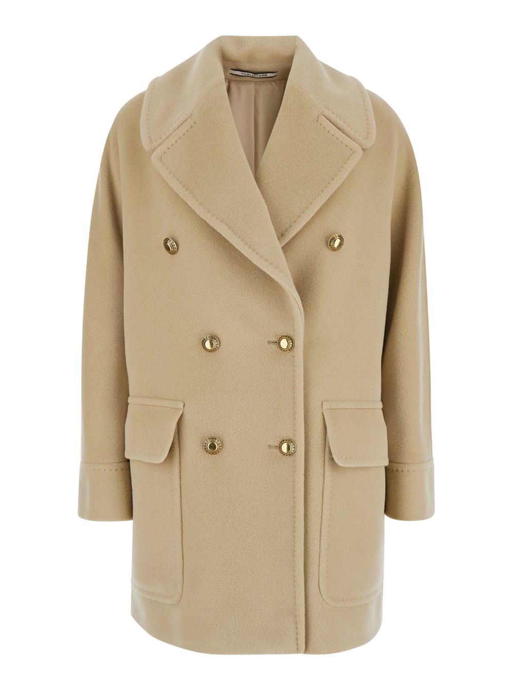 Shop Tagliatore Beige Double-breasted Coat With Wide Notched Revers And Jewel Buttons In Wool Blend Woman