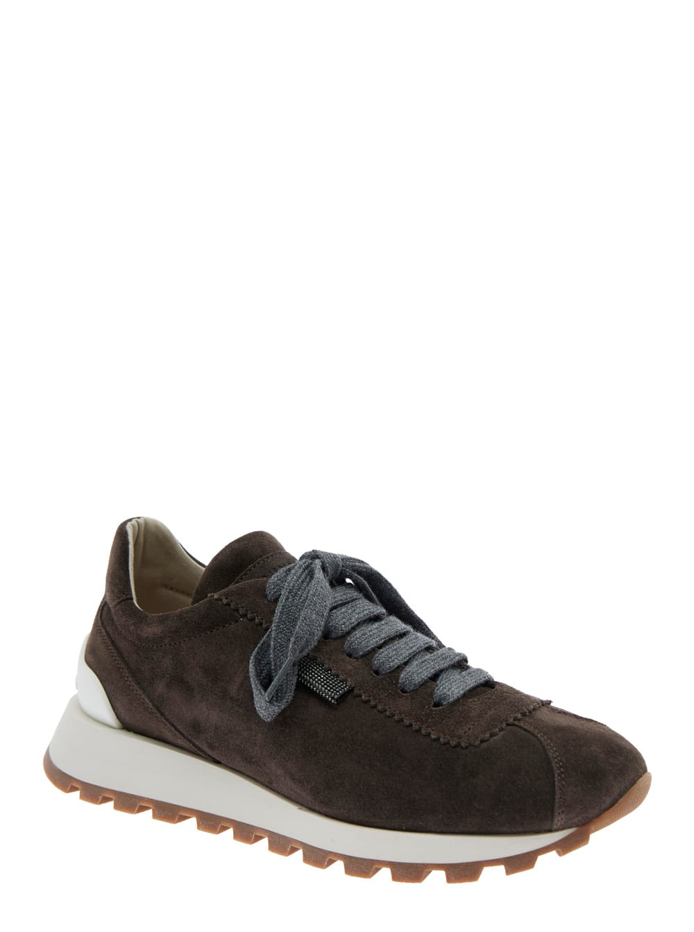 Brunello Cucinelli Brown Low Top Sneakers With Monil Detail On The Side And Embossed Logo Lettering On The Rear In Leat