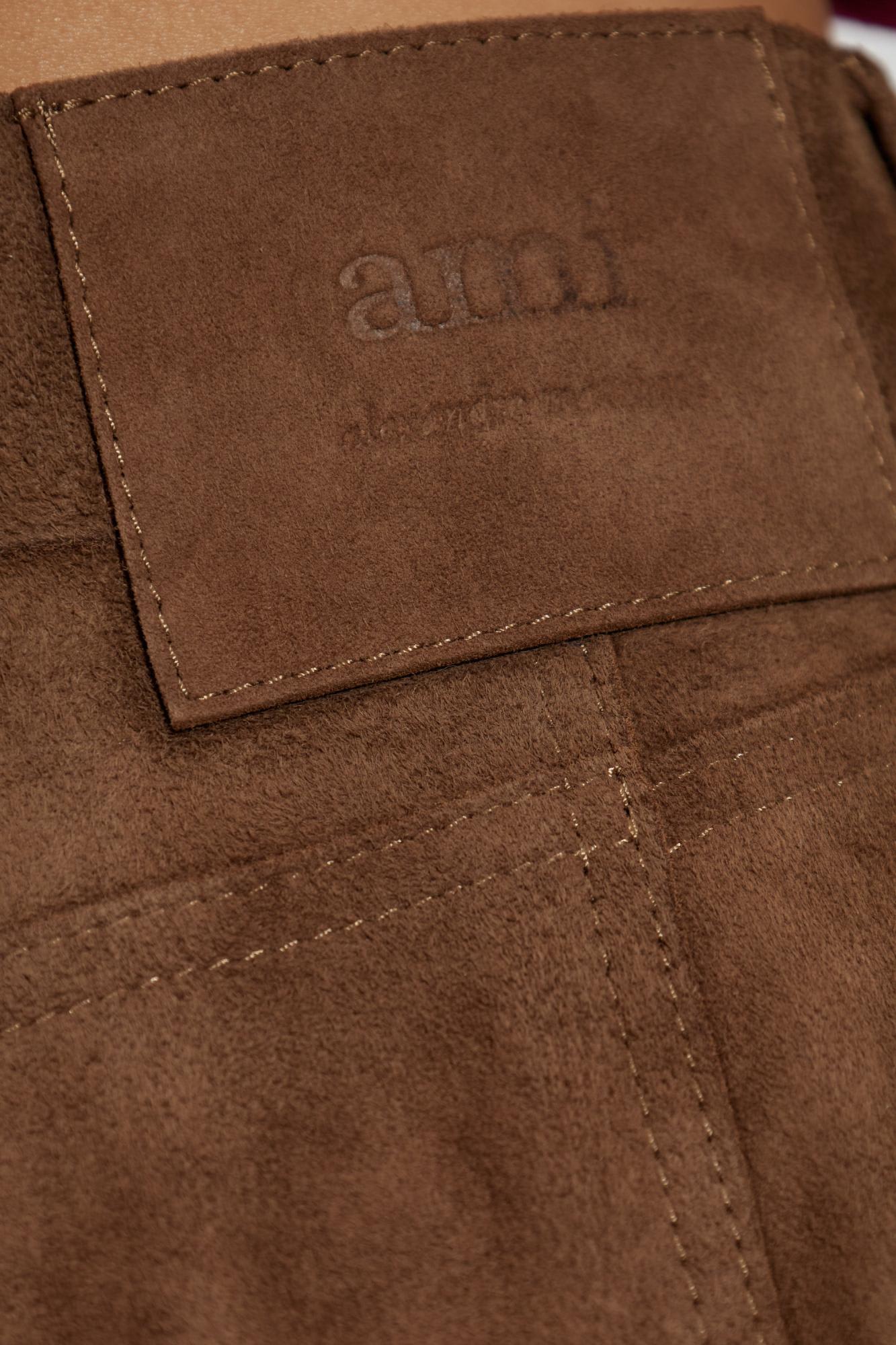 Ami Alexandre Mattiussi A-line Midi Suede Skirt With Side Pockets In Brown