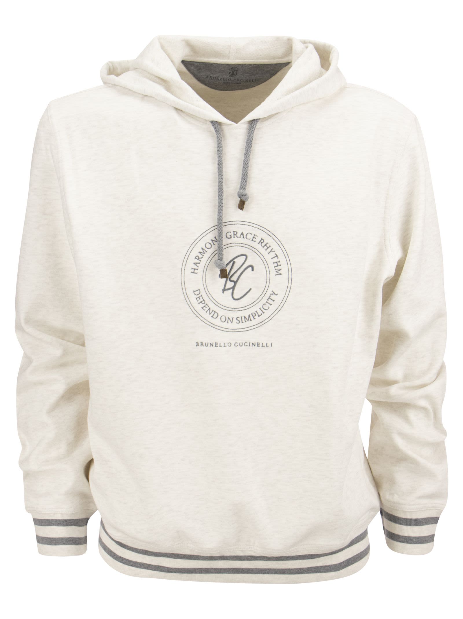 Brunello Cucinelli Cotton Techno Fleece Hooded Topwear With Embroidery And Striped Knit Details