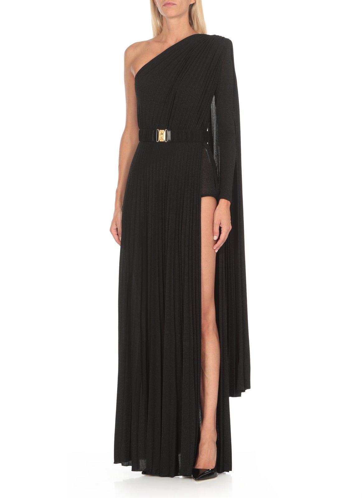 Shop Elisabetta Franchi One-shoulder Pleated Red Carpet Dress In Nero