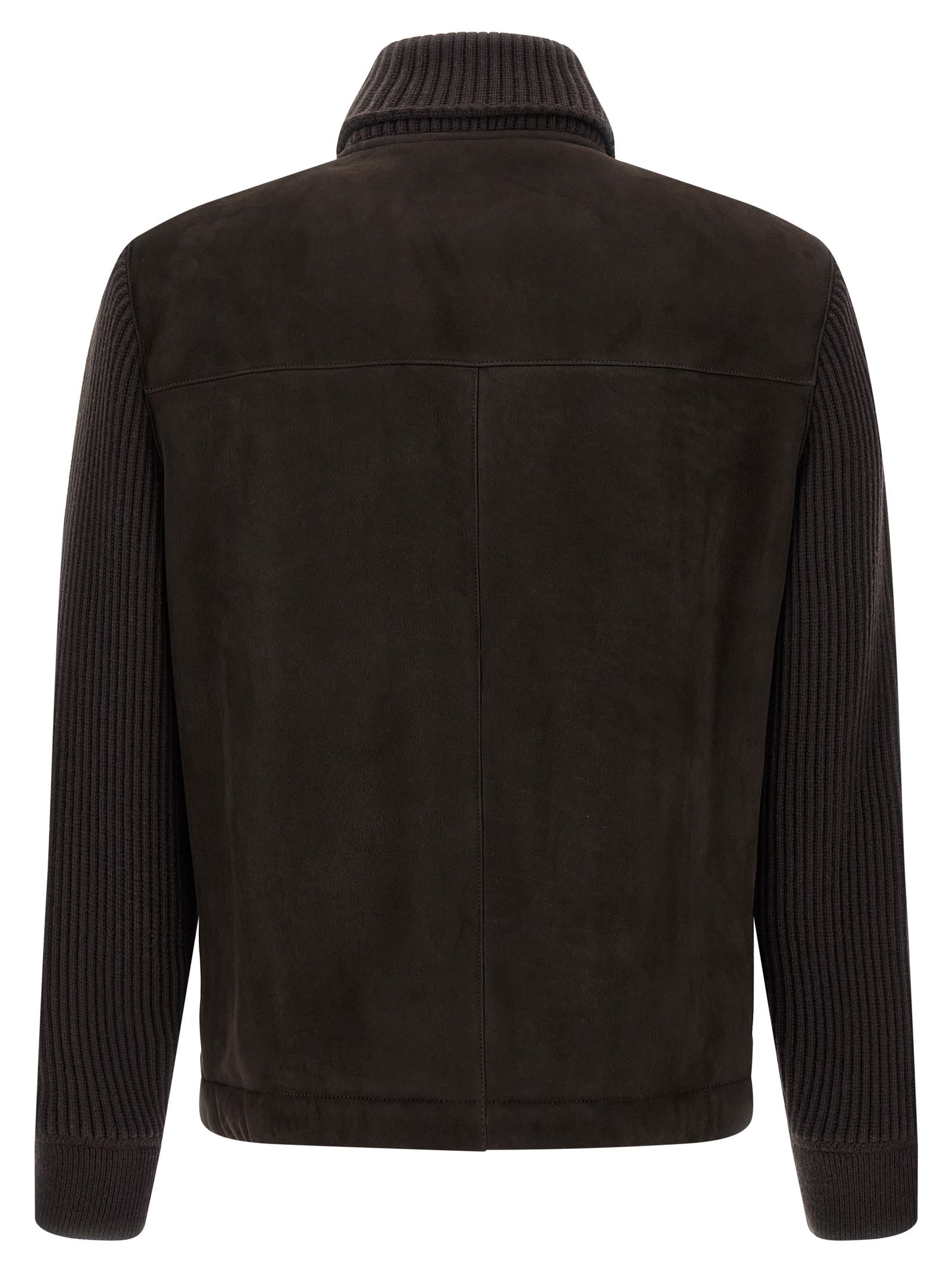 Brioni Ribbed-sleeve Suede Bomber Jacket In Brown
