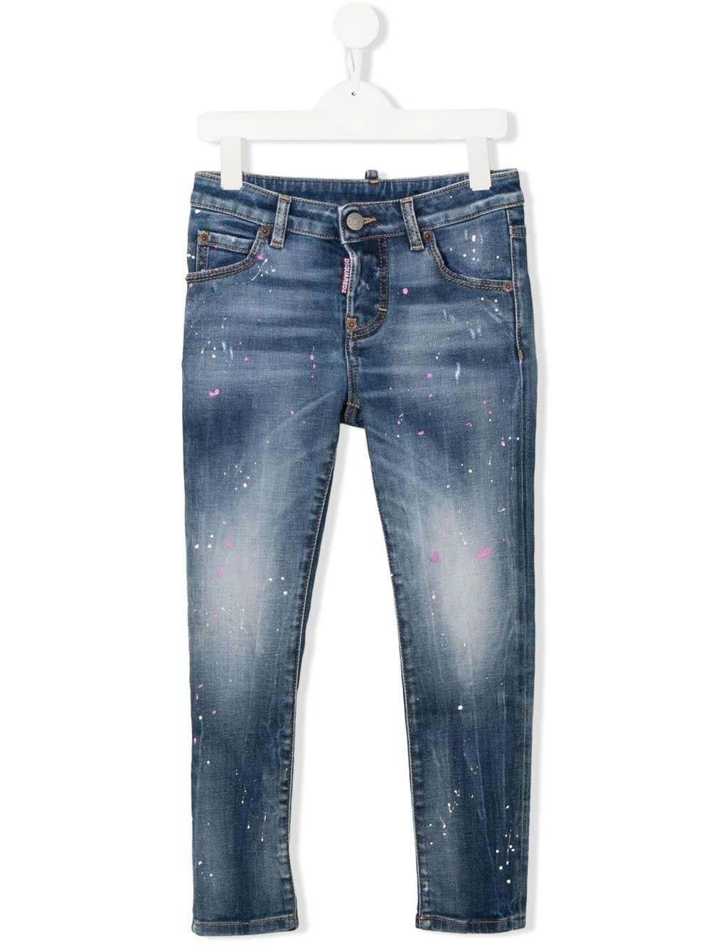 Dsquared2 Kids Slim Fit Jeans In Blue Denim With All-over Paint Stains