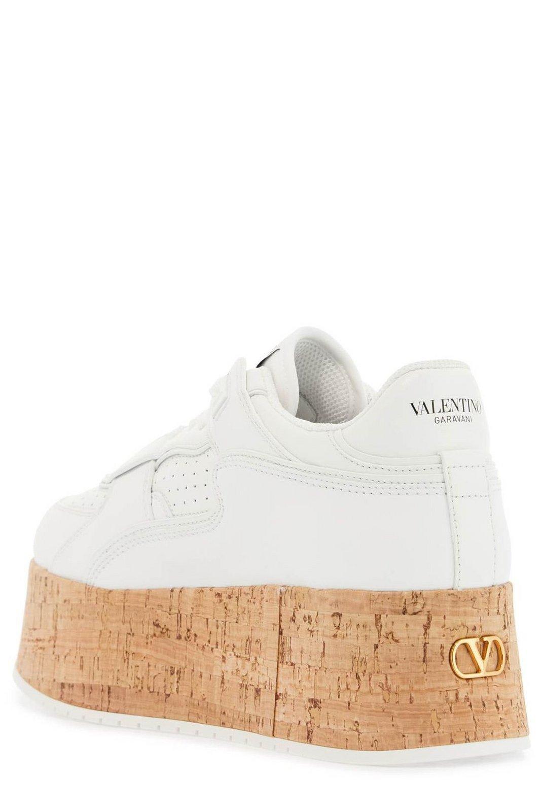 Valentino Leather Platform Sneakers Perforated Detailing In White