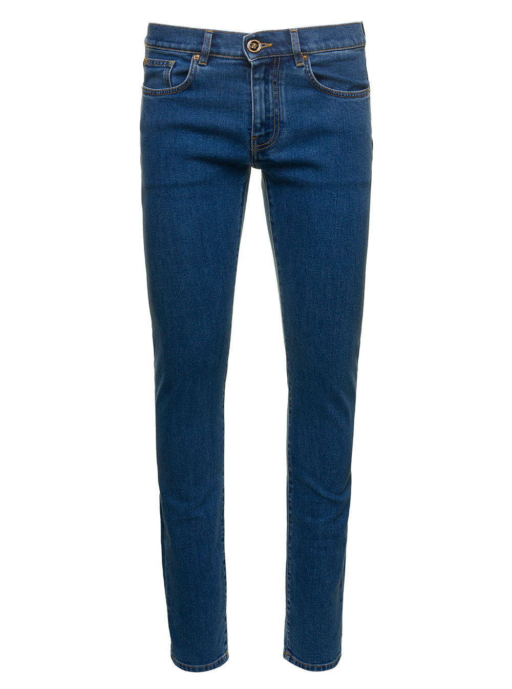 Shop Versace Blue Fitted Jeans With Logo Embroidered And Botton In Cotton Blend Denim Woman