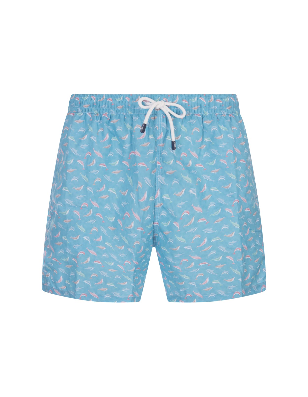 Shop Fedeli Light Blue Swim Shorts With Multicolour Dolphin Pattern