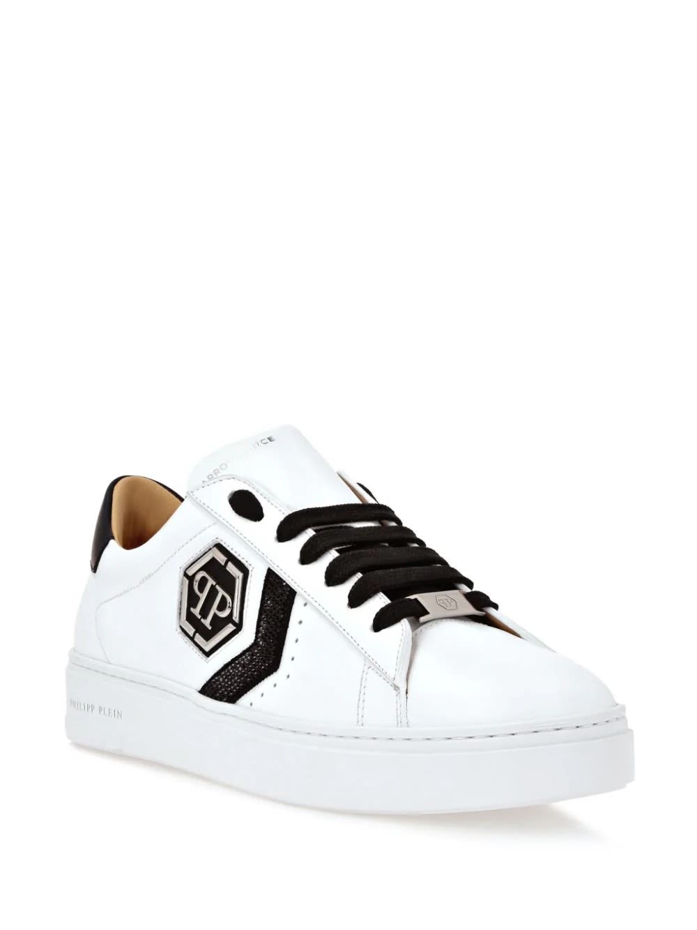 Shop Philipp Plein White Nappa Leather Low-top Sneakers Strass Hexagon