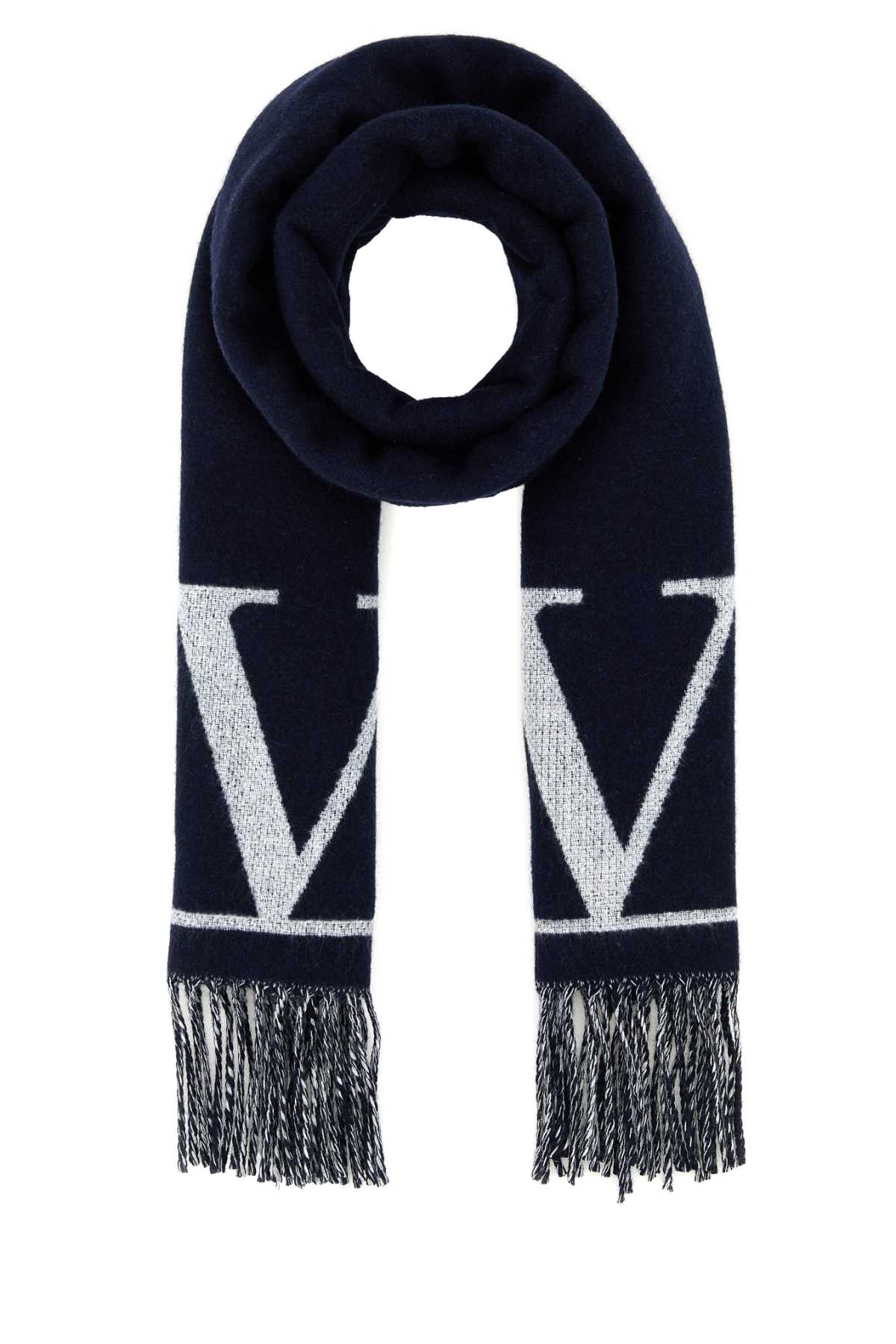 Shop Valentino Midnight Blue Wool Blend Scarf In Navybianco