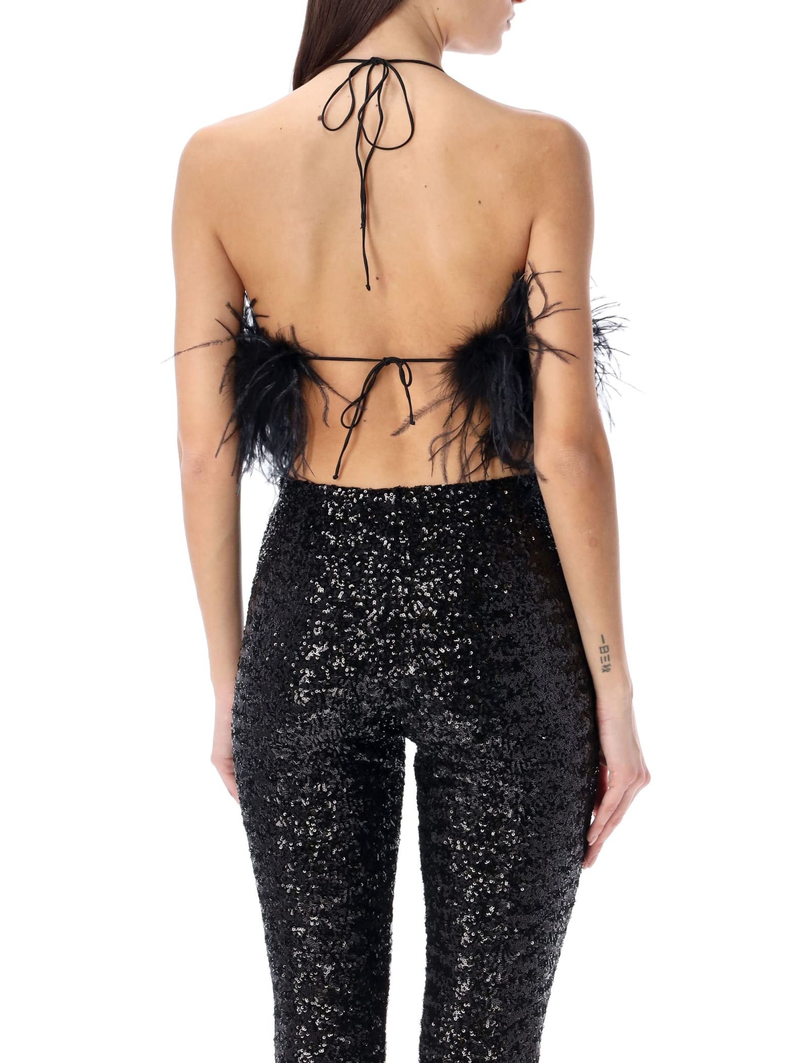 Shop Oseree Paillettes Feather Top In Black