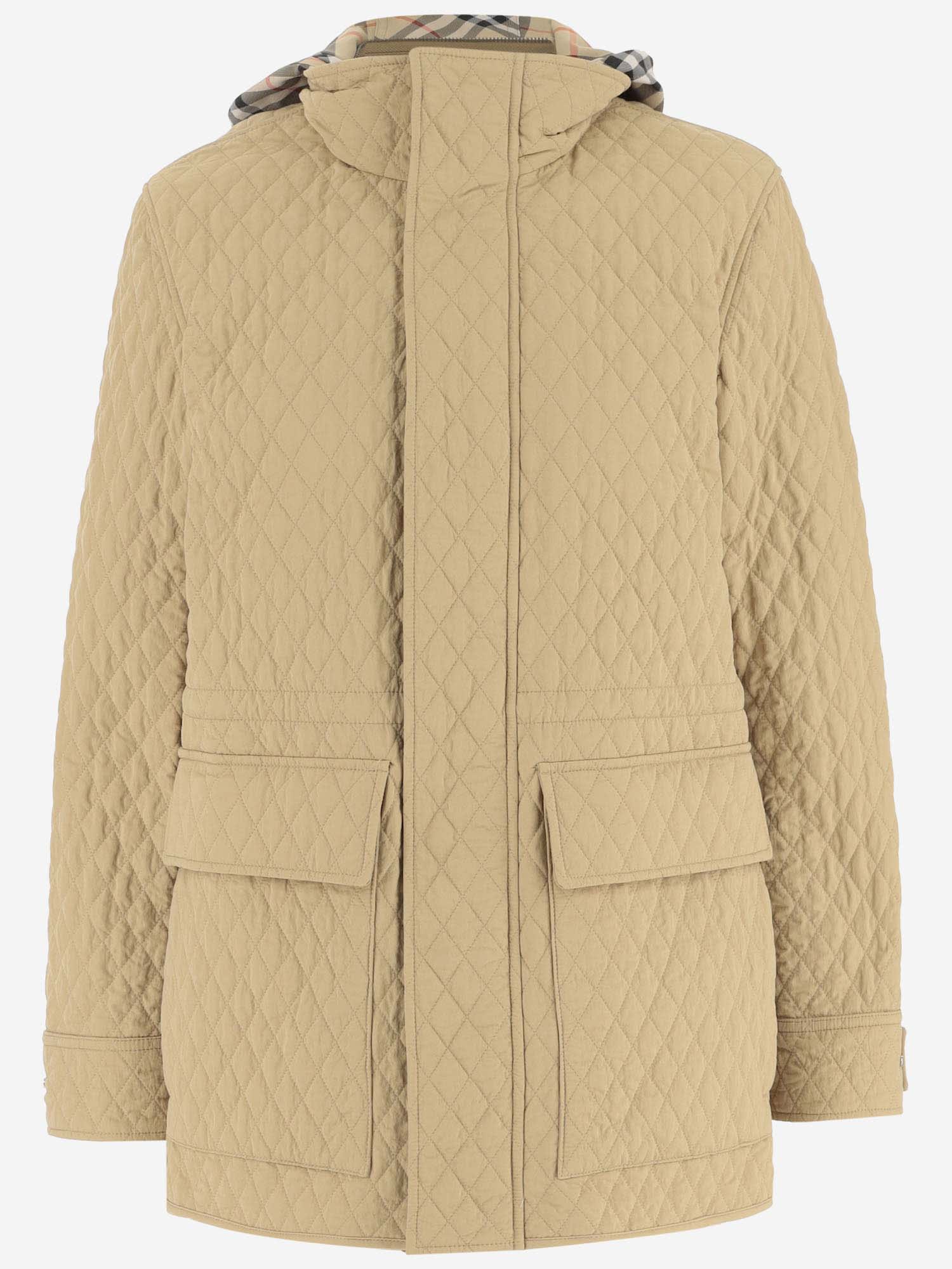 Burberry Padded Nylon Jacket With Hood And Pockets In Flax