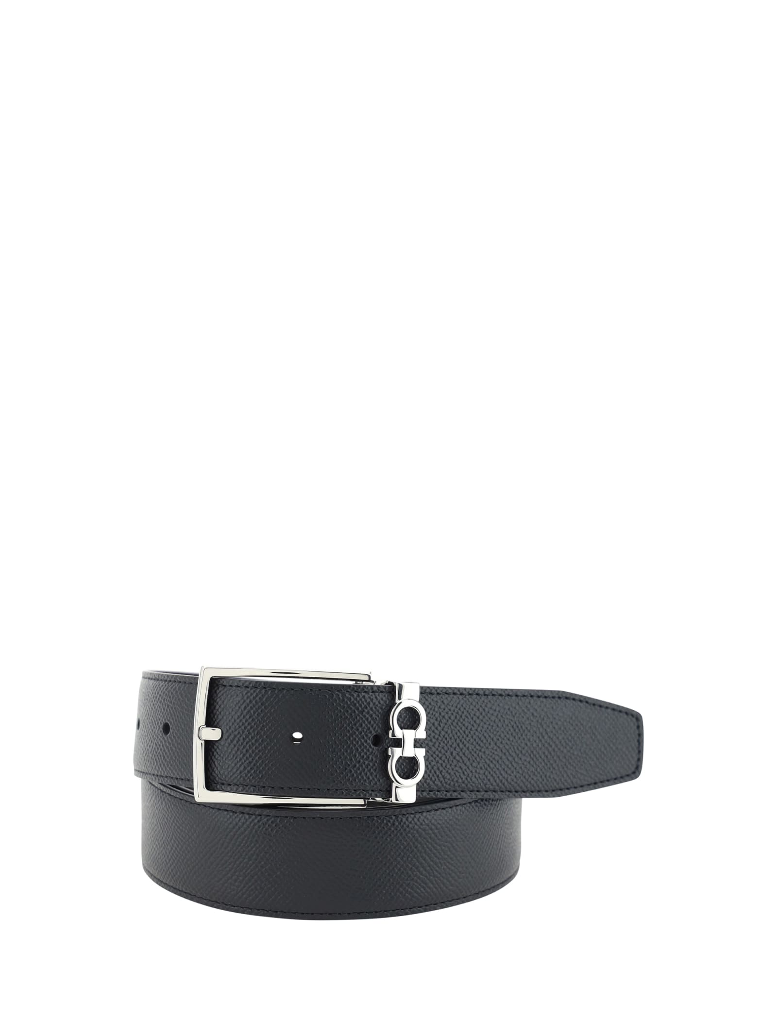 Ferragamo Black Reversible Belt With Gancini Buckle Belt In Grained Leather Man In Black
