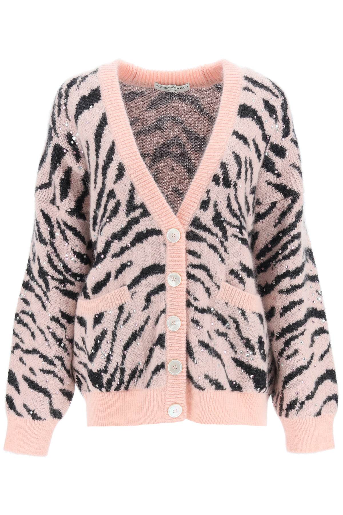 ALESSANDRA RICH OVERSIZED CARDIGAN WITH ZEBRA MOTIF AND CRYSTALS