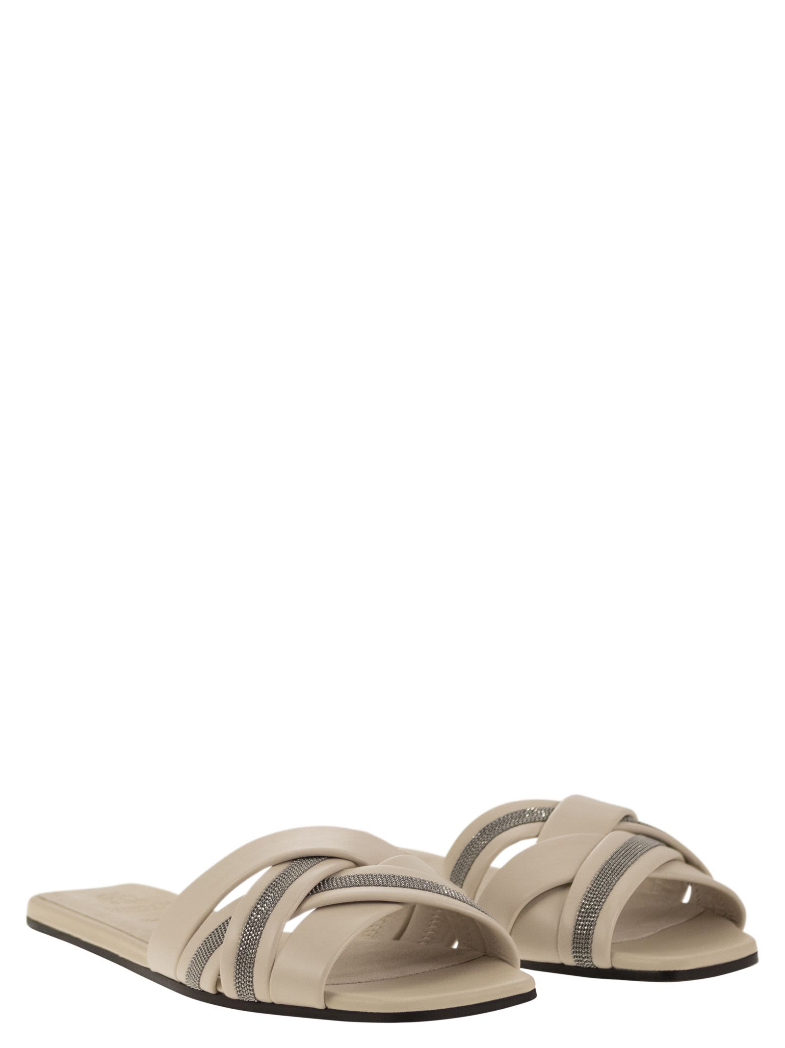 Shop Brunello Cucinelli Nappa Leather Slides With Jewellery In Ivory