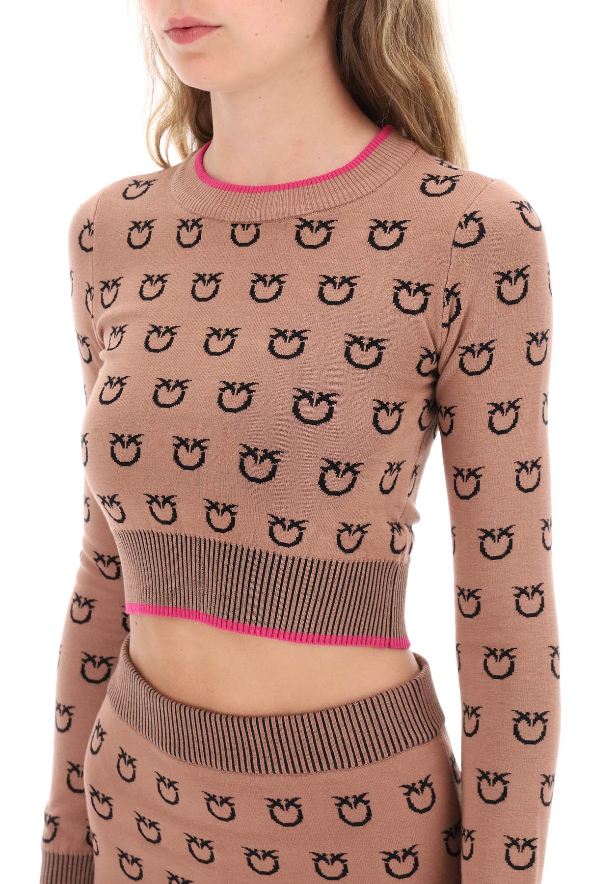 Shop Pinko Furetto All-over Logo Crop Top In Cammello Nero (beige)