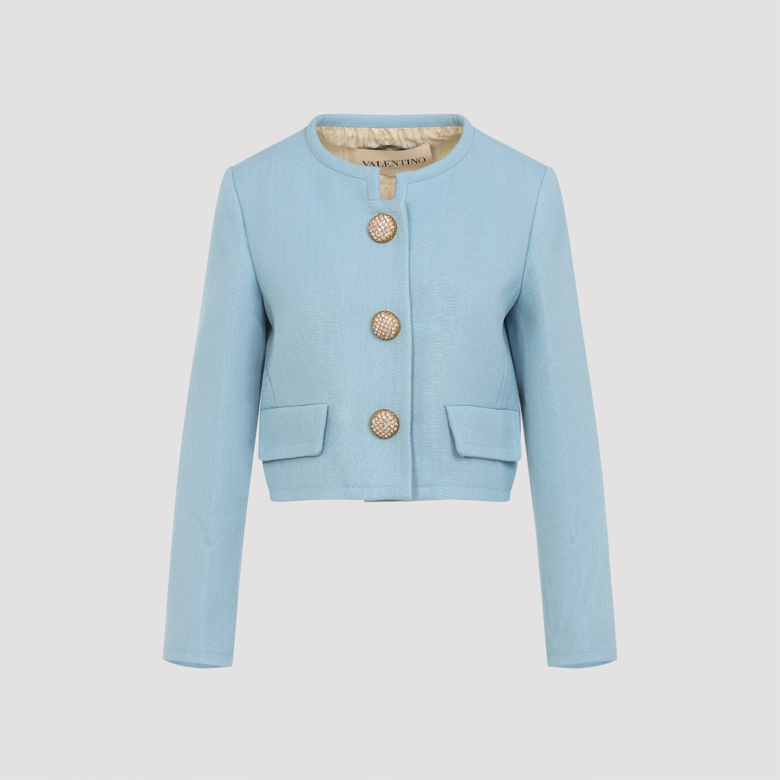 Valentino Womens Bluish Grey Embellished-button Round-neck Woven Jacket In Blue
