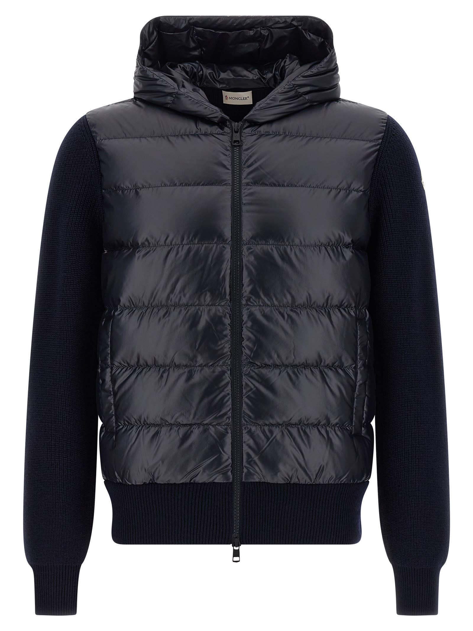 Moncler Hooded Quilted Sweater Ribbed Sleeves In Blue