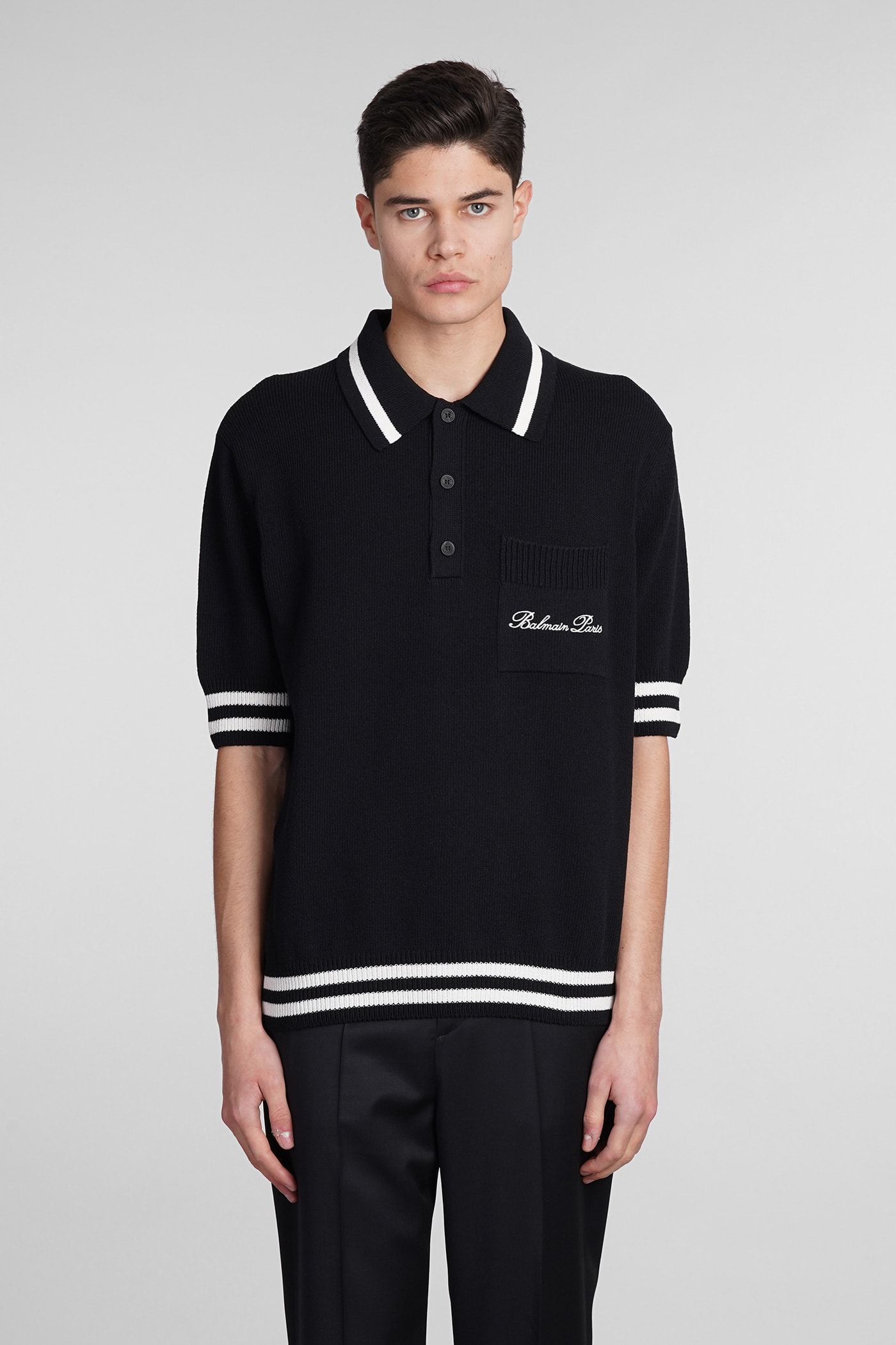 Shop Balmain Polo In Black Wool And Polyester
