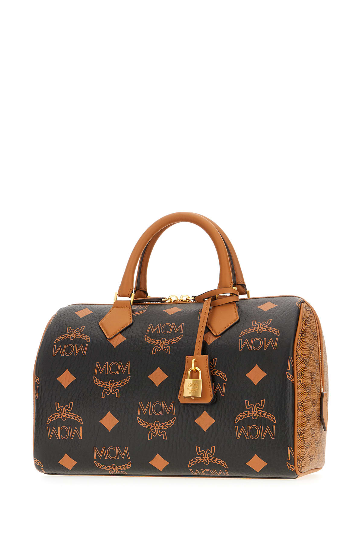 Shop Mcm Printed Synthetic Leather Handbag In Black