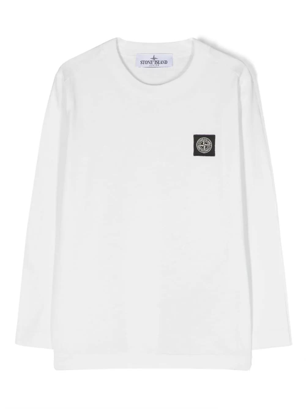 STONE ISLAND JUNIOR WHITE LONG-SLEEVED T-SHIRT WITH LOGO PATCH