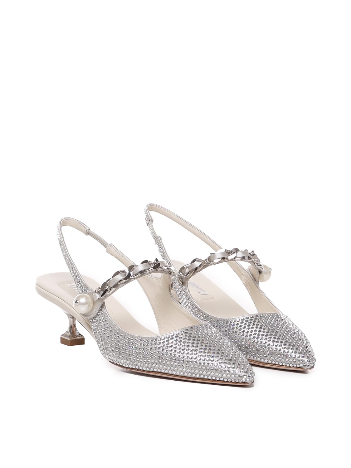 Shop Miu Miu Silk Blend Slingback With Applications In Silver Pearl