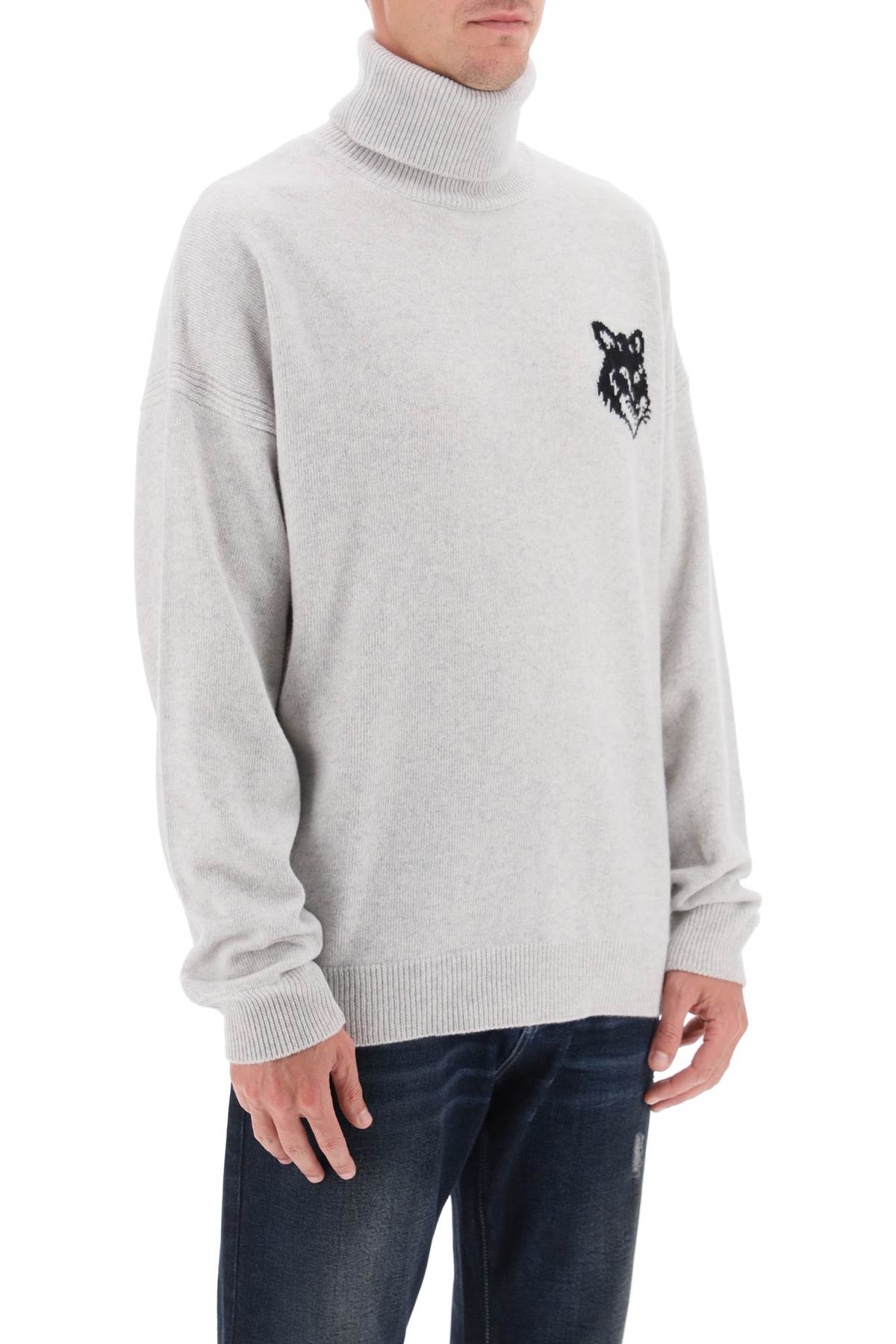 Shop Maison Kitsuné Fox Head Inlay Turtleneck Sweater In Light Grey Melange (grey)