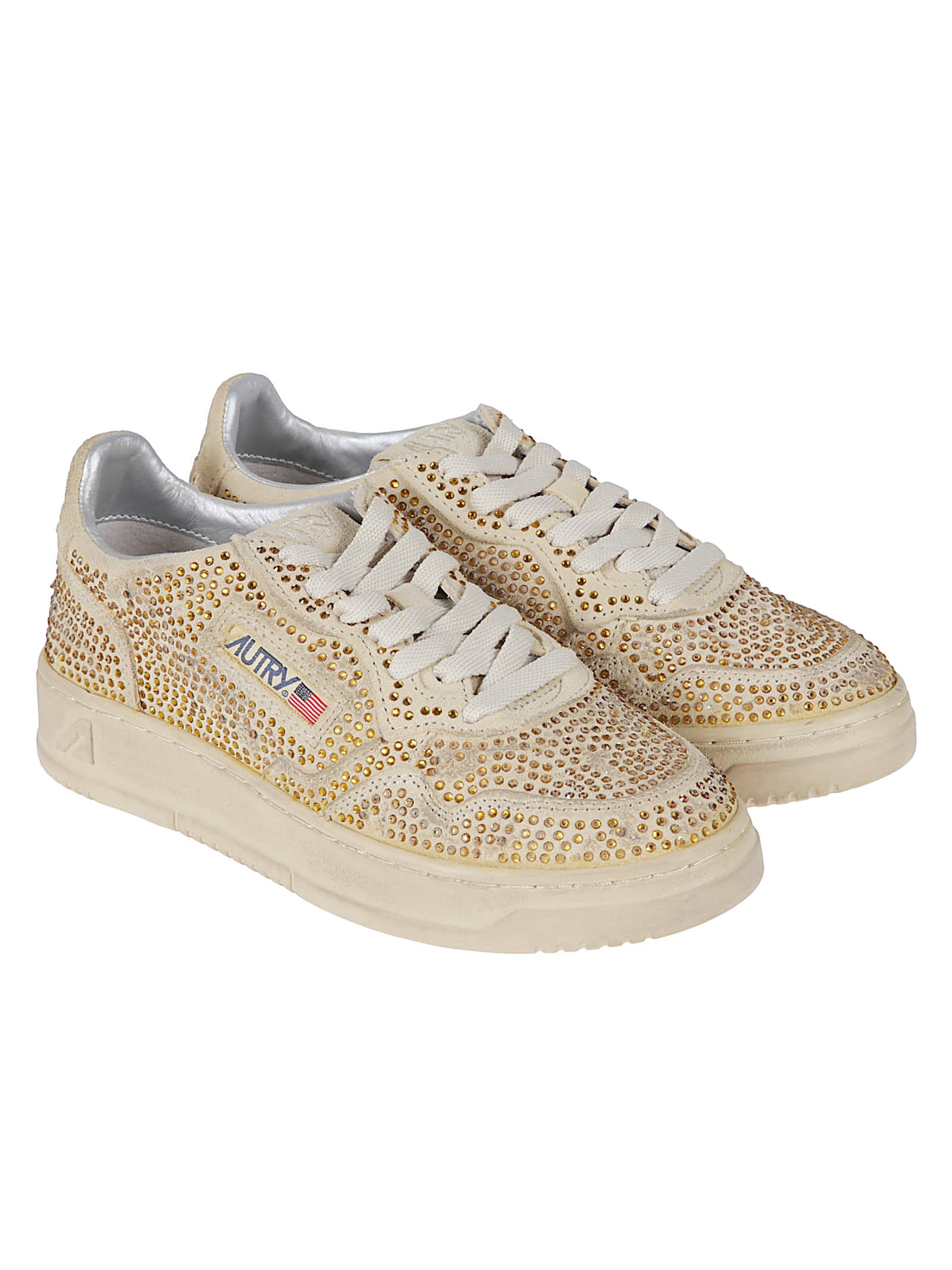 Autry Medalist Low Sneakers In Bronze Suede With Crystal Micro Rhinestones Shoes In Brown