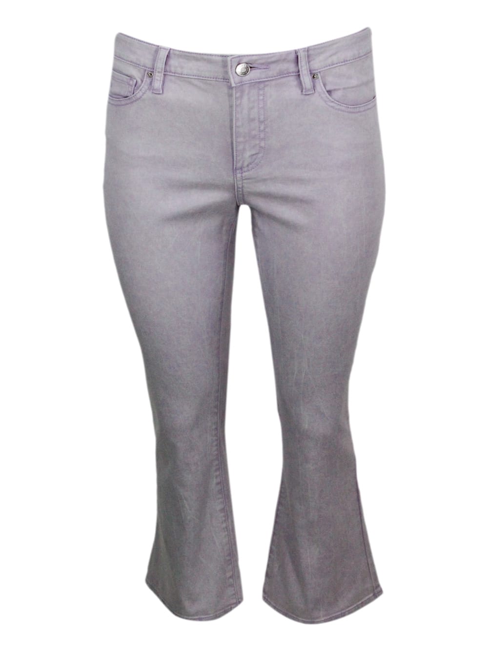 5-pocket Trousers In Faded Stretch Cotton Flare Capri Model With Trumpet Bottom.