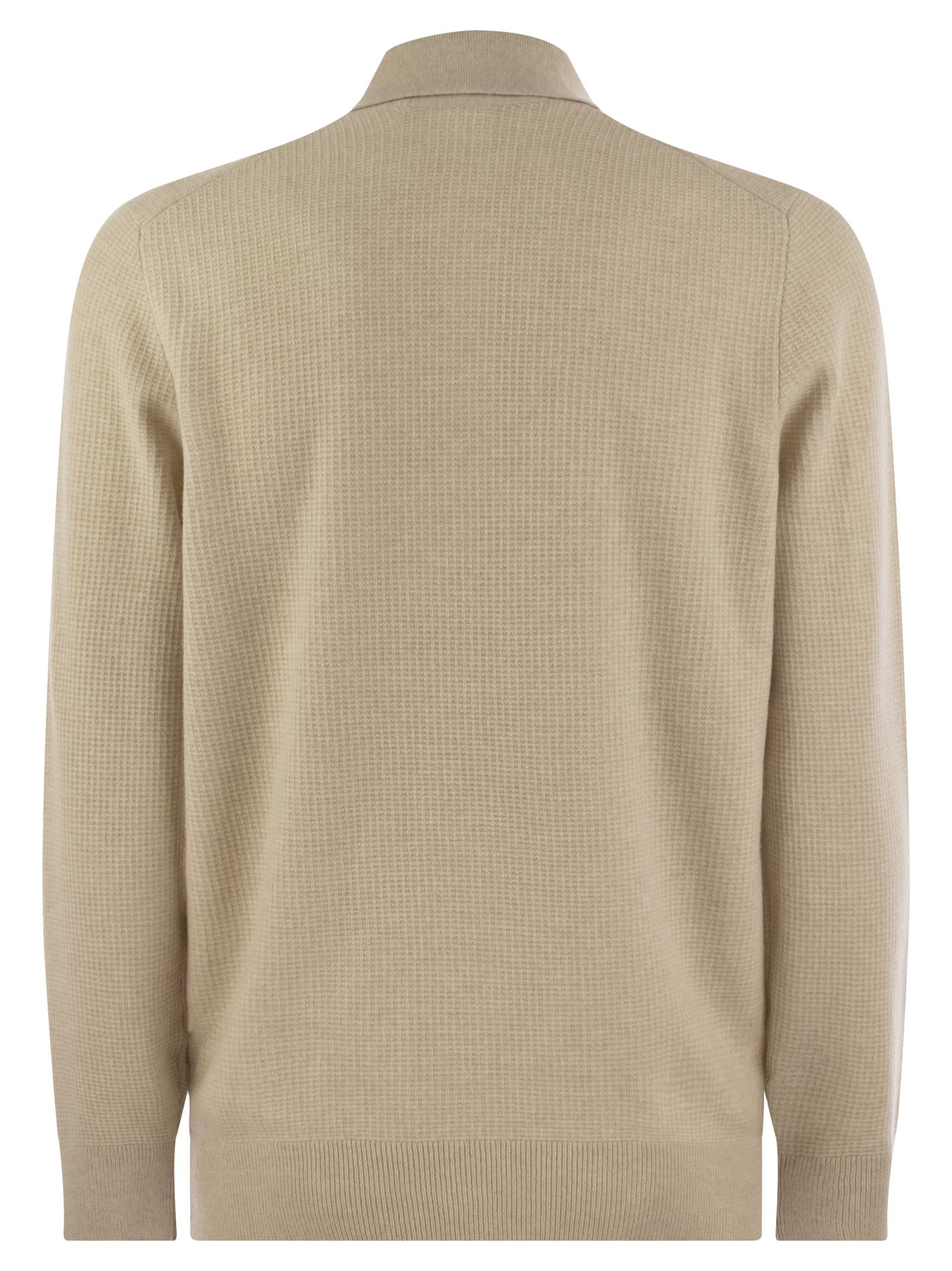 Shop Brunello Cucinelli Waffle Stitch Cashmere Knit Polo Shirt With Long Sleeve In Sand