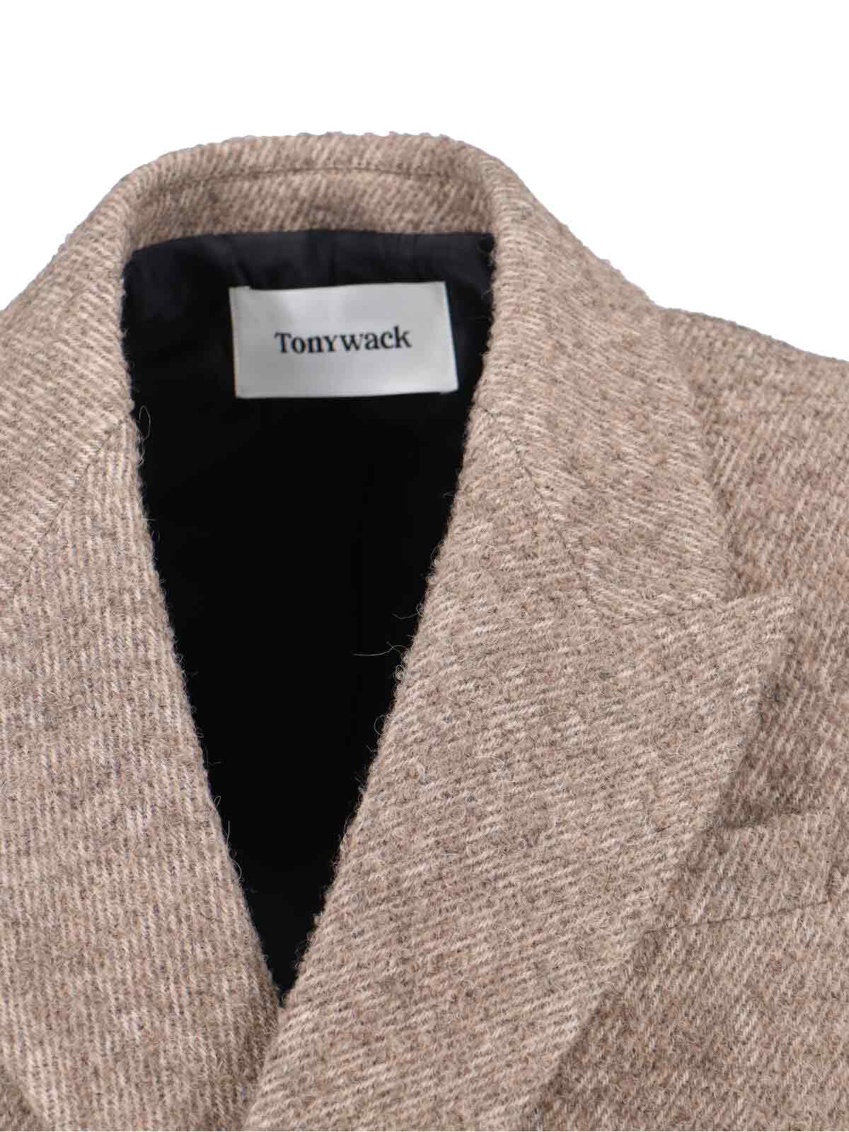 Tonywack Double-breasted Beige Wool Coat With Herringbone Texture In Brown