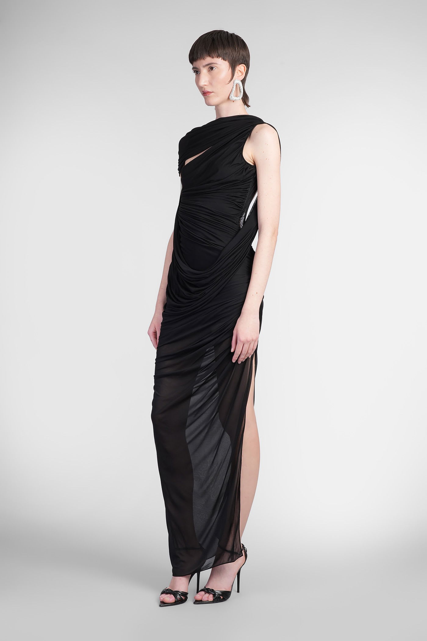 Mugler Draped Sheer Mesh Gown In Black